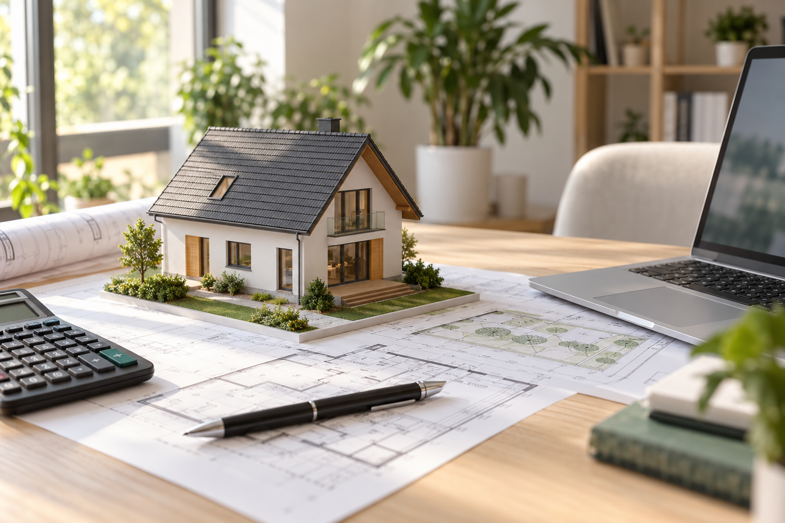 Model domu na planach architektonicznych obok kalkulatora i laptopa